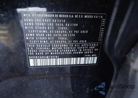 2018 Volkswagen Tiguan 2.0T Se/2.0T Sel z USA, uszkodzony, nr VIN 3VV2B7AX5JM133781